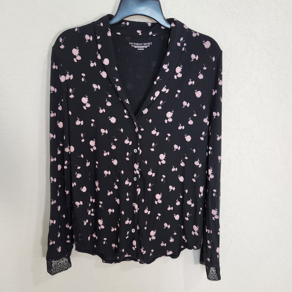 Victoria's Secret Black Pink Floral Soft Modal Lace Trim Button Blouse Medium